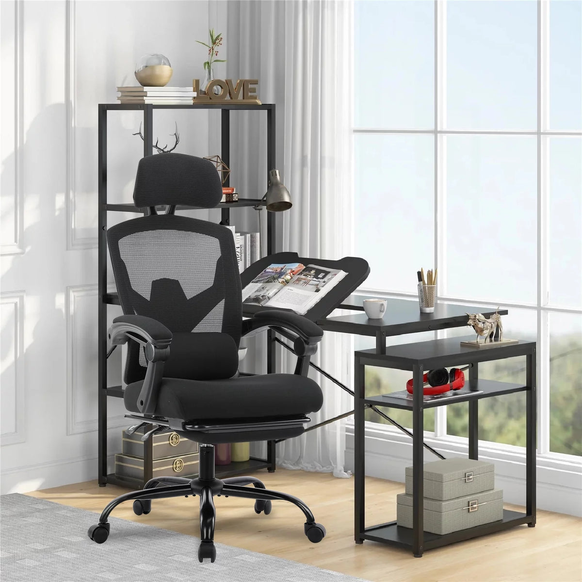 Black Ergonomic Mesh Office Chair with Footrest and Head Support K551403