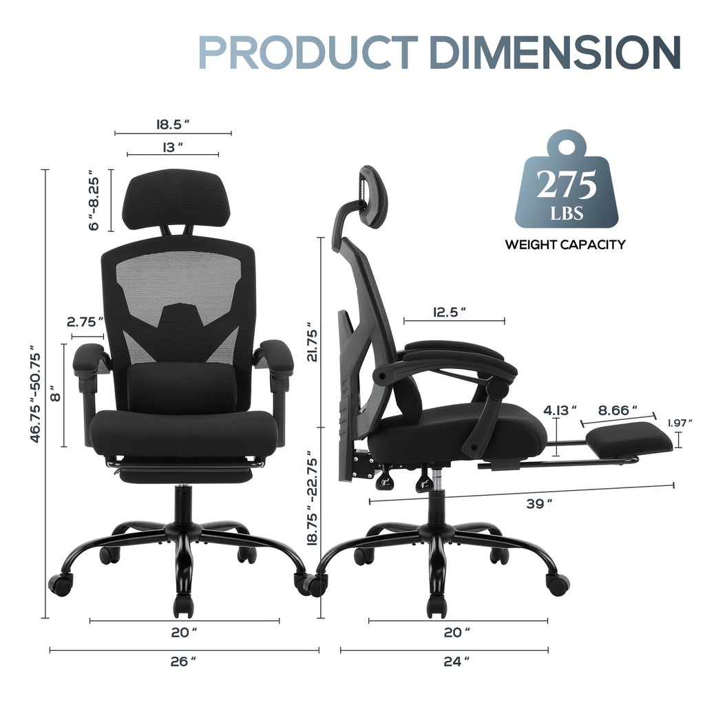 Black Ergonomic Mesh Office Chair with Footrest and Head Support K551403