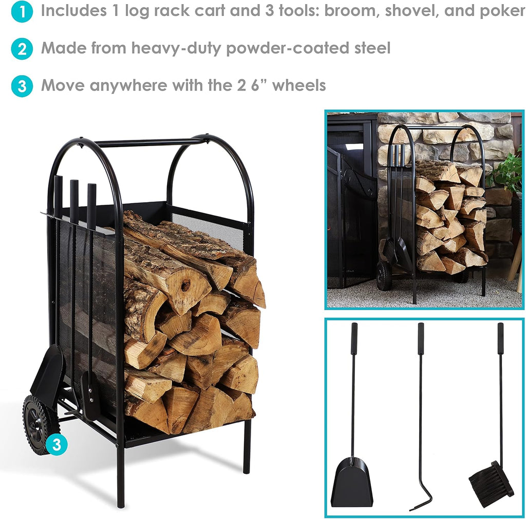 Wrought Iron Firewood Log Cart with Wheels and Tool Set H9300