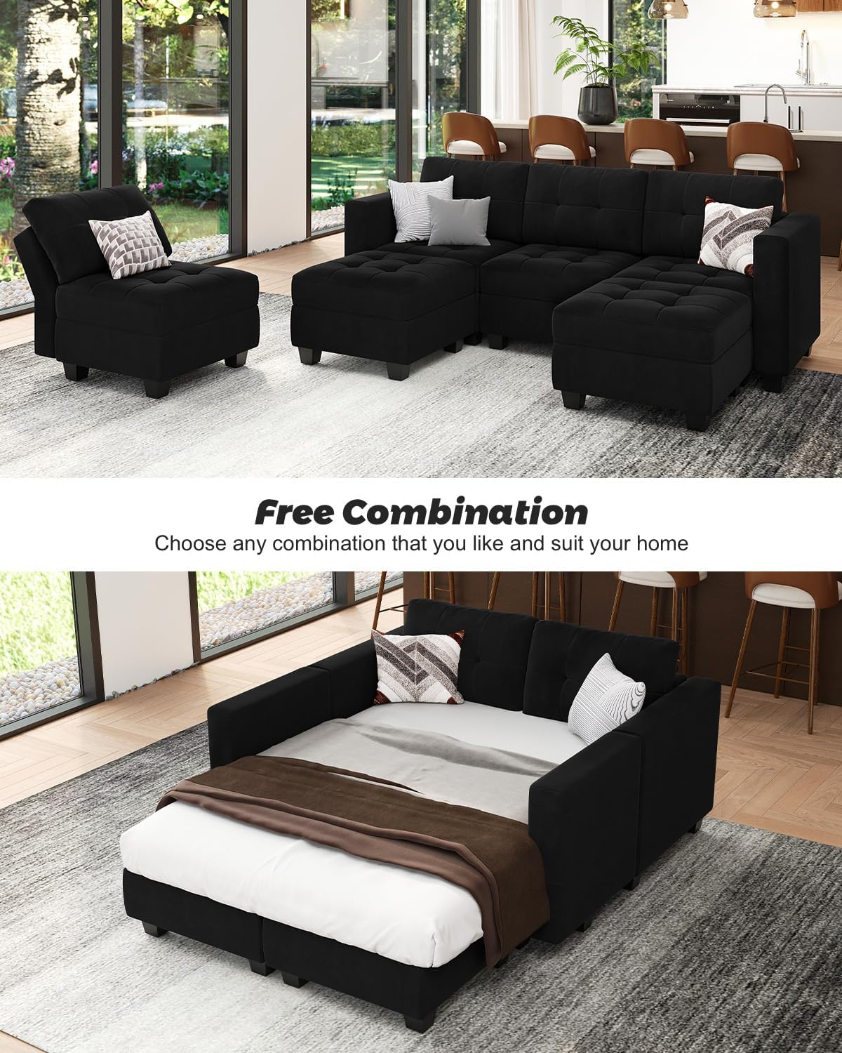 Black Velvet 5 Piece Modular Sectional Sofa with Storage Seats and Ottomans A500121