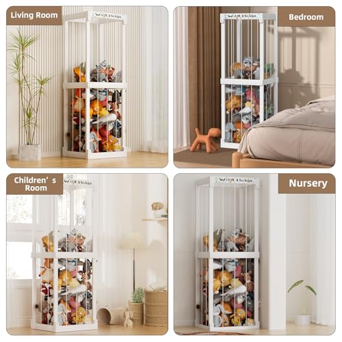 White Wooden Stuffed Animal Storage Cage with Elastic Rope T2314