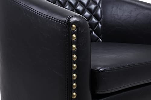 Black Leather Barrel Chair with Nail Head and Wood Legs R976850