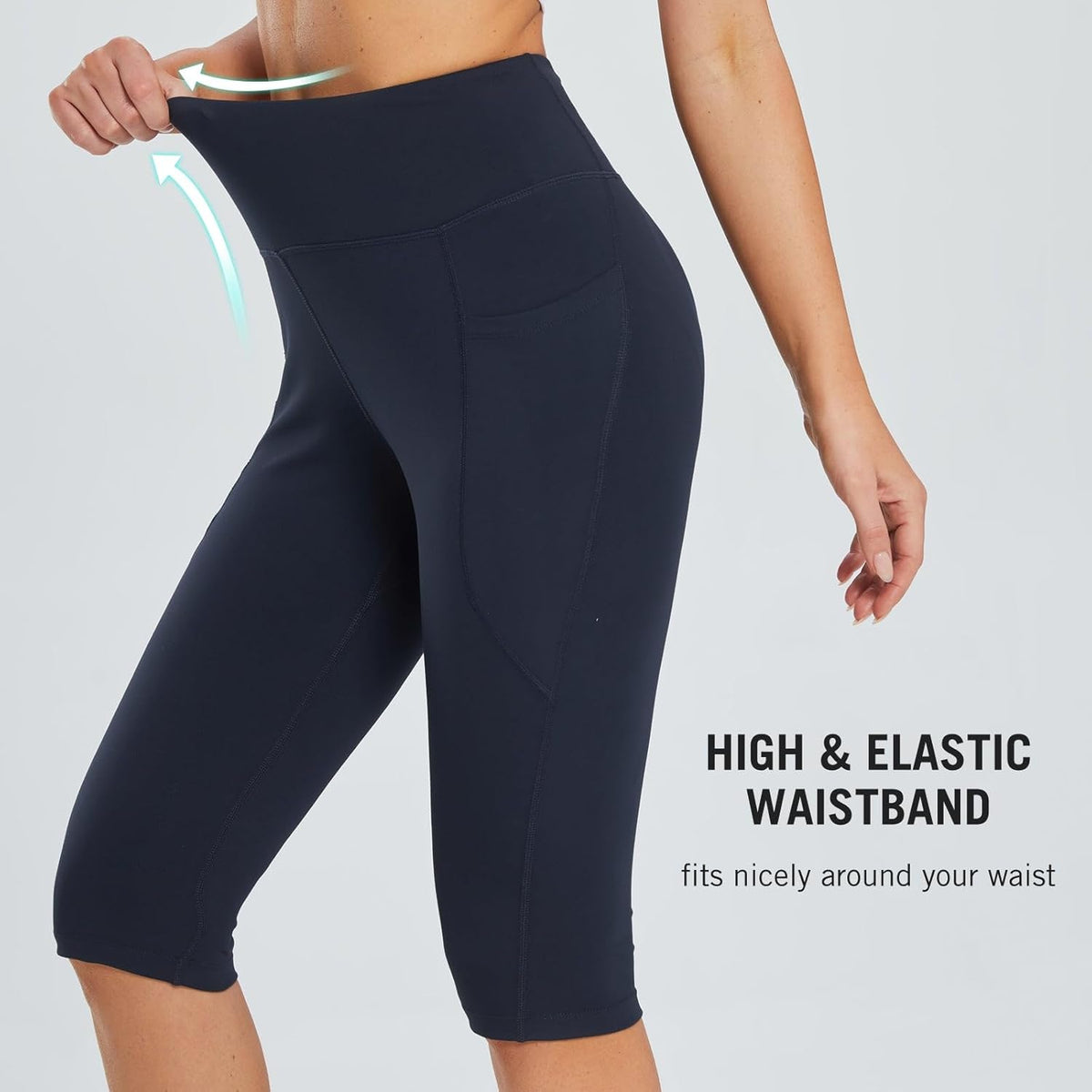 Women's Capris with Pockets Knee Length High Waisted Stretch Yoga Leggings I9102