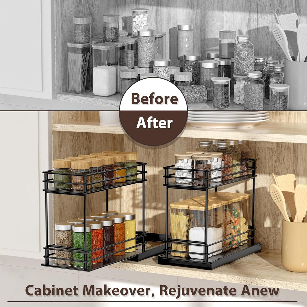 2-Pack 2-Tier Pull Out Spice Rack Organizer, 5.3''W x 10.4''D x 8.9''H H98435