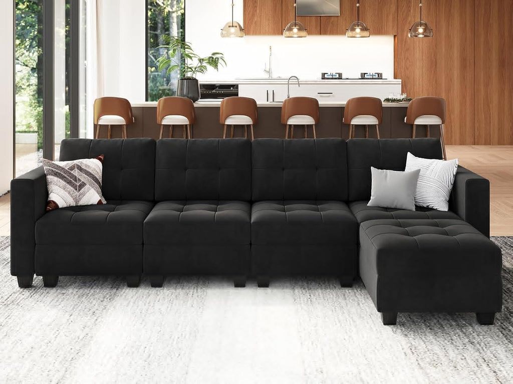 Black Velvet 5 Piece Modular Sectional Sofa with Storage Seats and Ottomans A500121