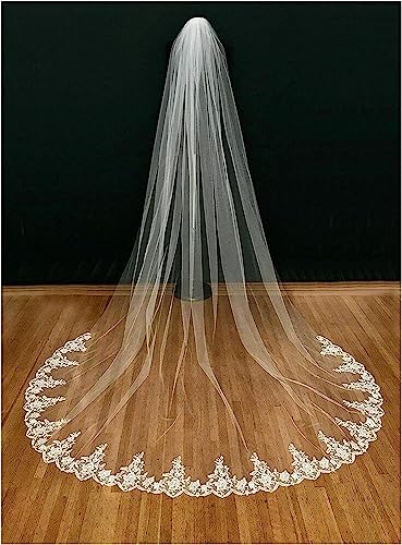 White Ivory Wedding Veil 3m with Comb Lace Cathedral Veil Ribbon J195392