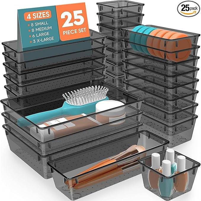 25 PCS Plastic Drawer Organizer Set, 4-Size Clear Black E2157