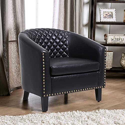 Black Leather Barrel Chair with Nail Head and Wood Legs R976850