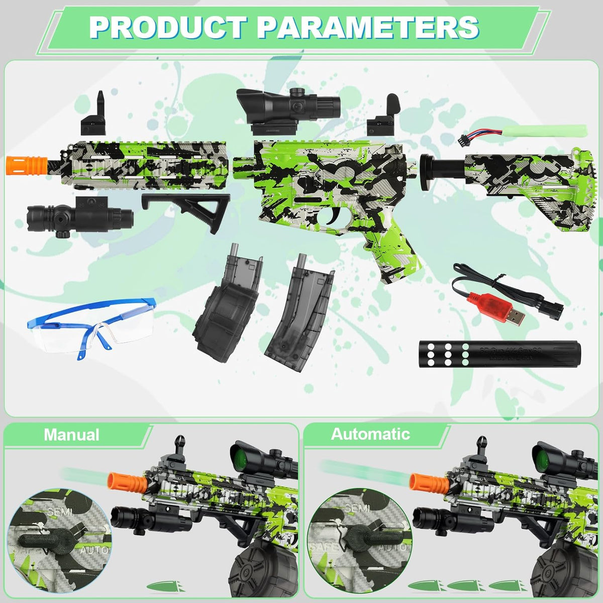 Large Gel Ball Blaster with Drum & Mag, Automatic and Manual Splatter Blaster with 40000 Gel Rounds, Electric Splat Blaster and Goggles (Green) B136792