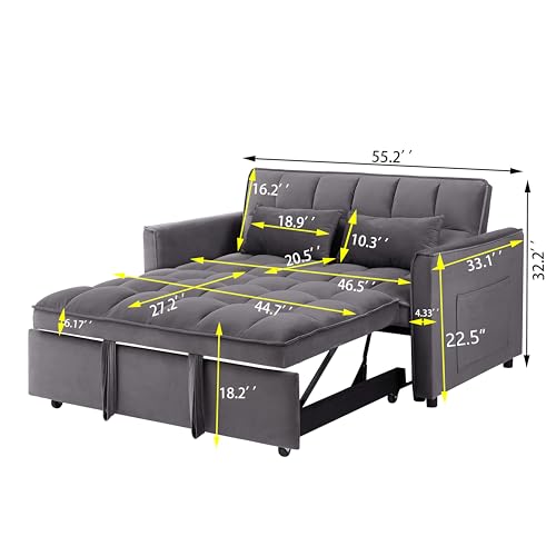 55.1" Blue Velvet Convertible Double Sleeper Sofa Bed L60489