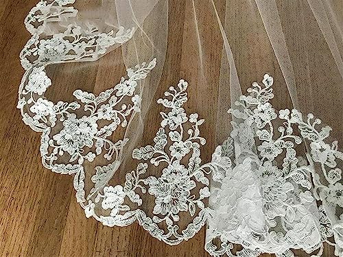 White Ivory Wedding Veil 3m with Comb Lace Cathedral Veil Ribbon J195392