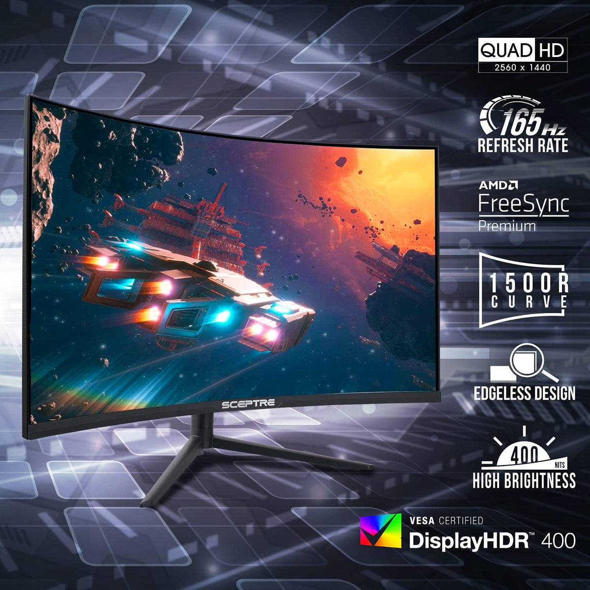 32 inch Curved QHD Gaming Monitor 2560 x 1440 165Hz 1ms HDR400 AMD FreeSync Premium Height Adjustable DisplayPort HDMI Build-in Speakers Black S623210