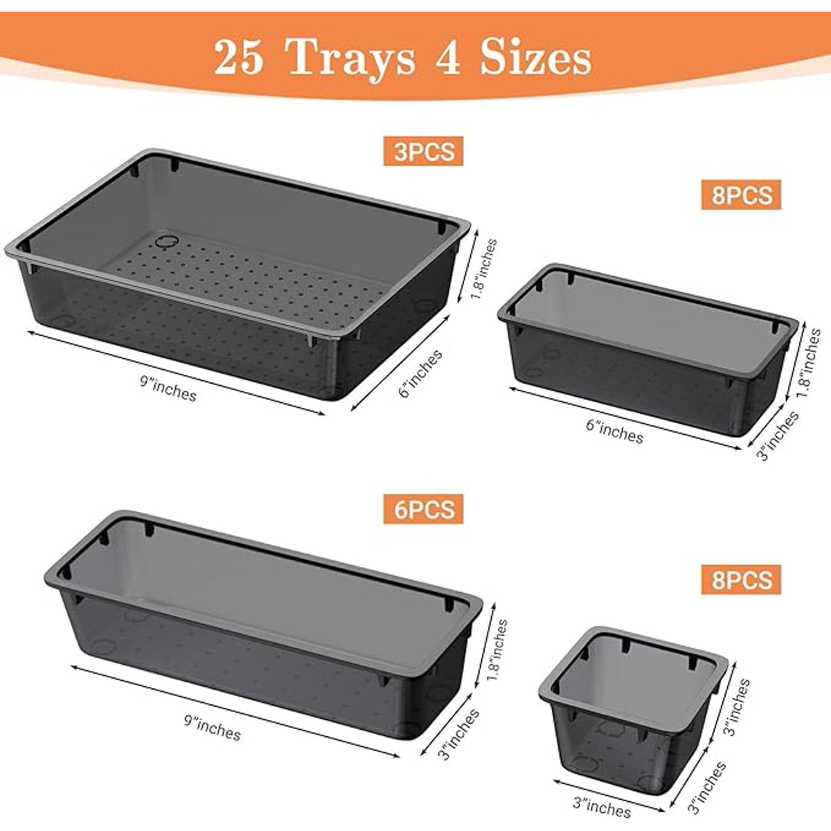 25 PCS Plastic Drawer Organizer Set, 4-Size Clear Black E2157