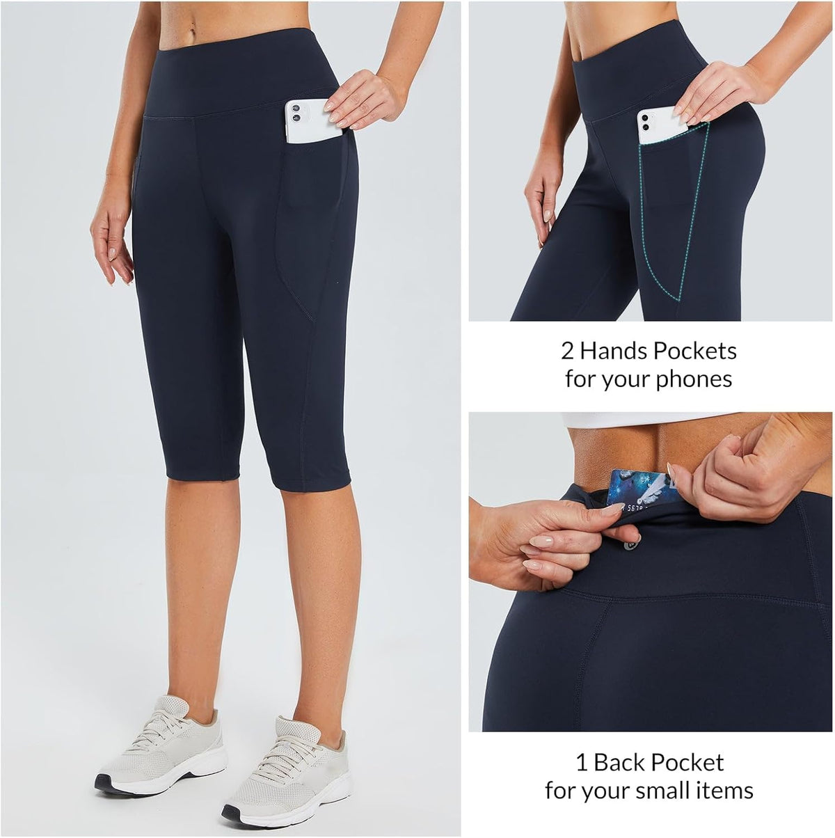 Women's Capris with Pockets Knee Length High Waisted Stretch Yoga Leggings I9102