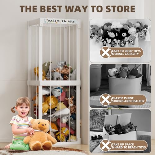 White Wooden Stuffed Animal Storage Cage with Elastic Rope T2314