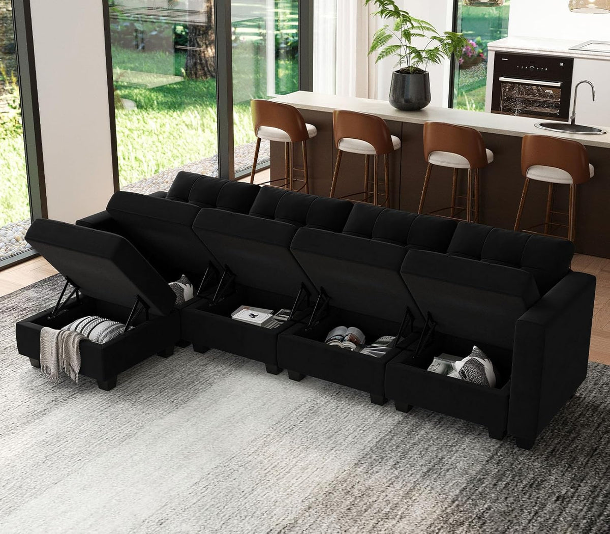 Black Velvet 5 Piece Modular Sectional Sofa with Storage Seats and Ottomans A500121