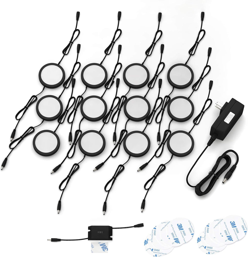 Black Matte Under Cabinet Puck Lights with Hand Wave Sensor, Pack of 12 T649