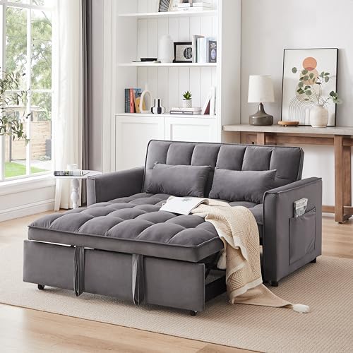 55.1" Blue Velvet Convertible Double Sleeper Sofa Bed L60489