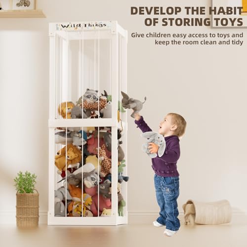 White Wooden Stuffed Animal Storage Cage with Elastic Rope T2314