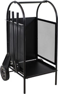 Wrought Iron Firewood Log Cart with Wheels and Tool Set H9300