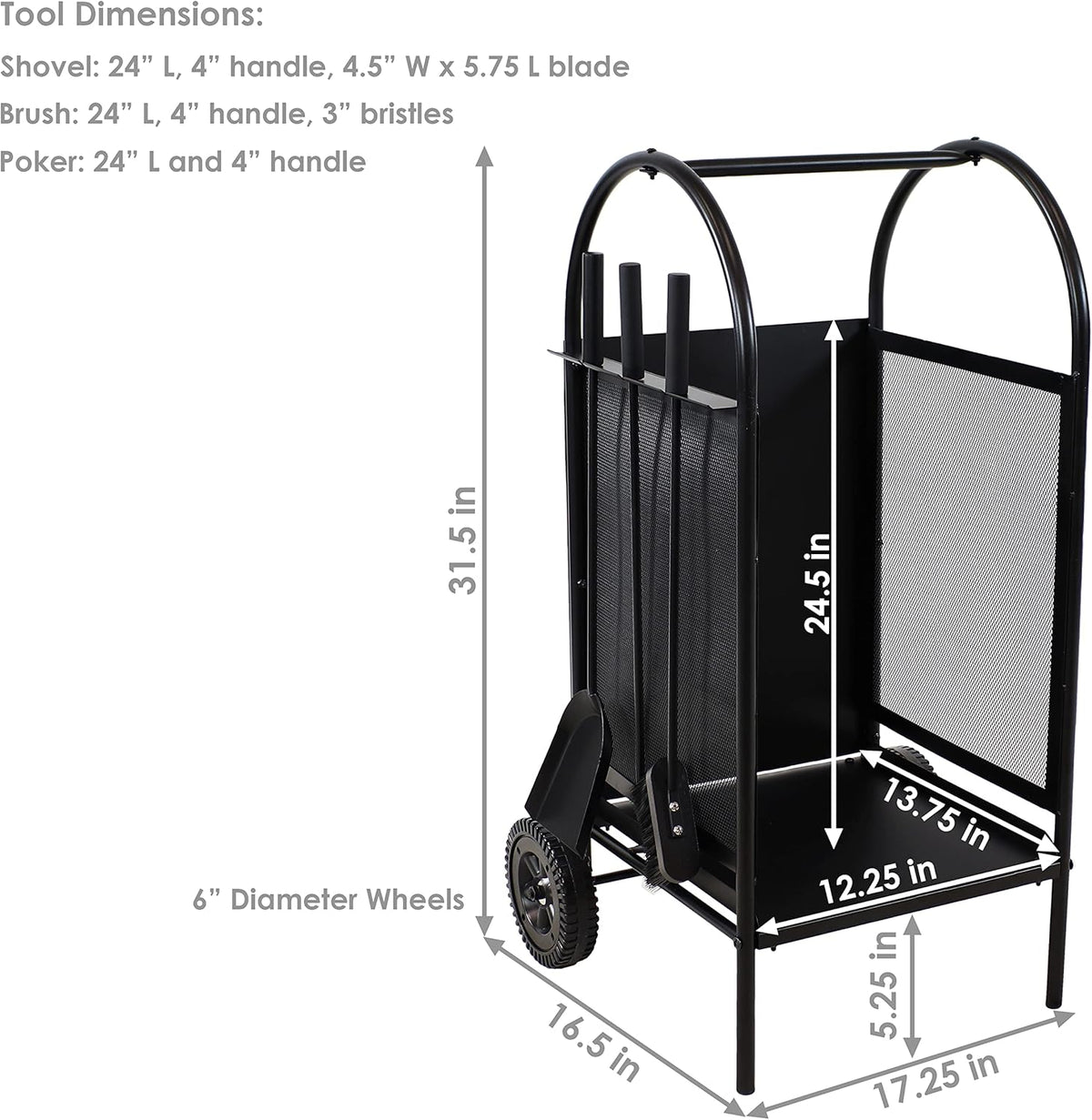 Wrought Iron Firewood Log Cart with Wheels and Tool Set H9300