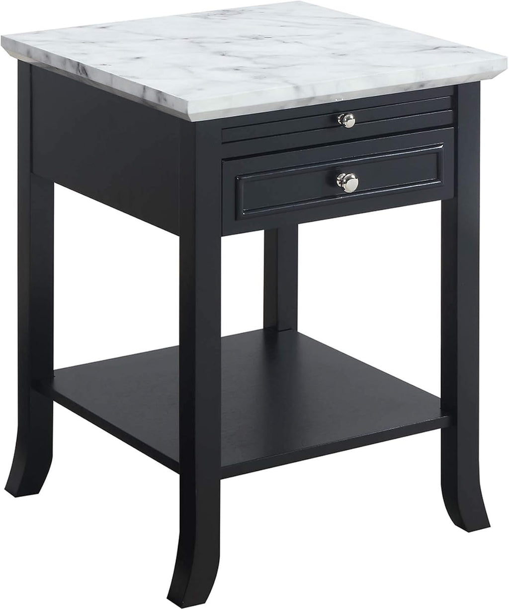 White Faux Marble Top/Black End Table with Drawer U2756