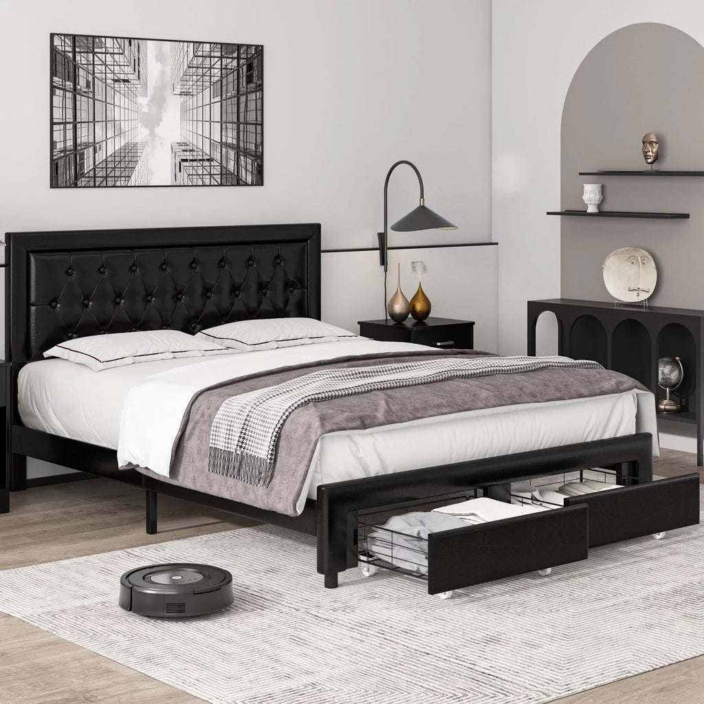 Queen Size Black PU Leather Upholstered Platform Bed Frame R2227