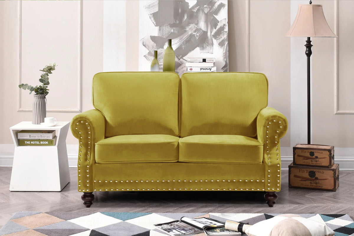 Yellow Velvet Rolled Arm Loveseat D7130