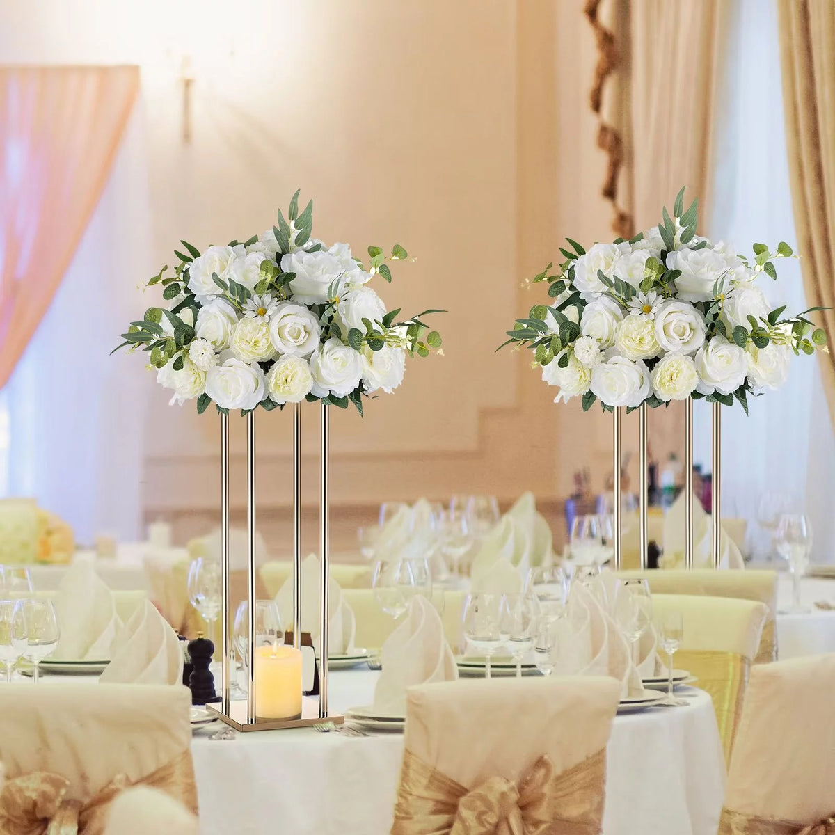 18" Large Artificial Flower Ball 2Pcs White Faux Silk Bouquet X41810