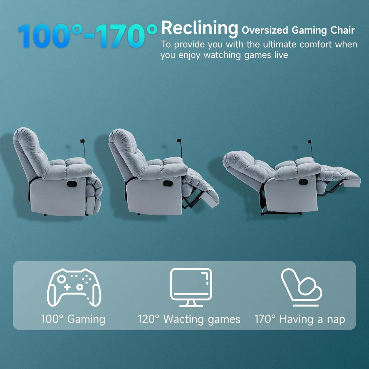 Light Blue Oversized Velvet Recliner Chair I250
