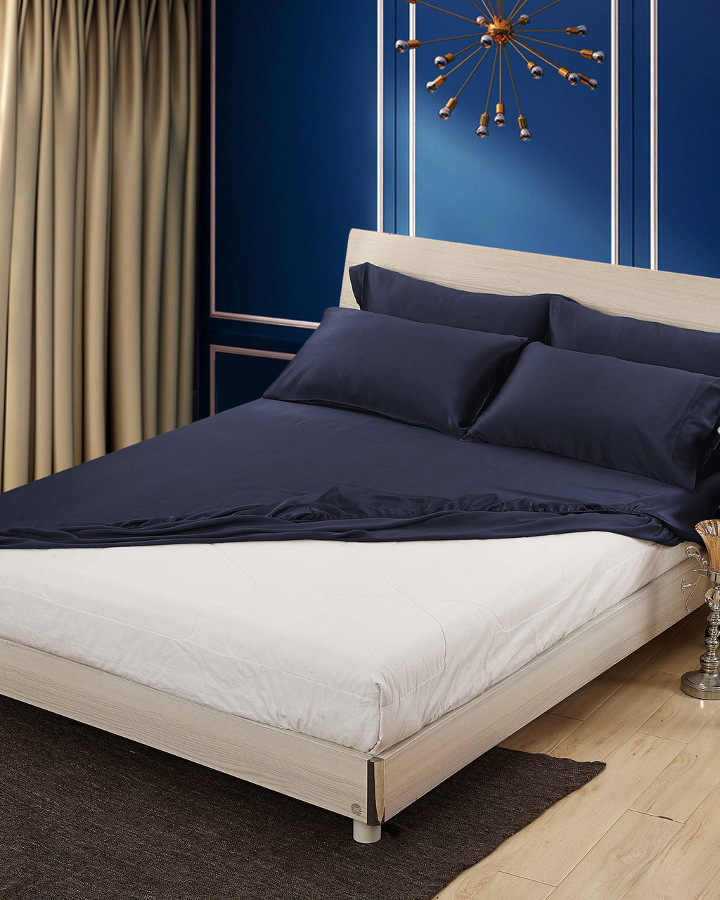 Navy Blue 100% 19 Momme Silk Fitted Sheets King Q877