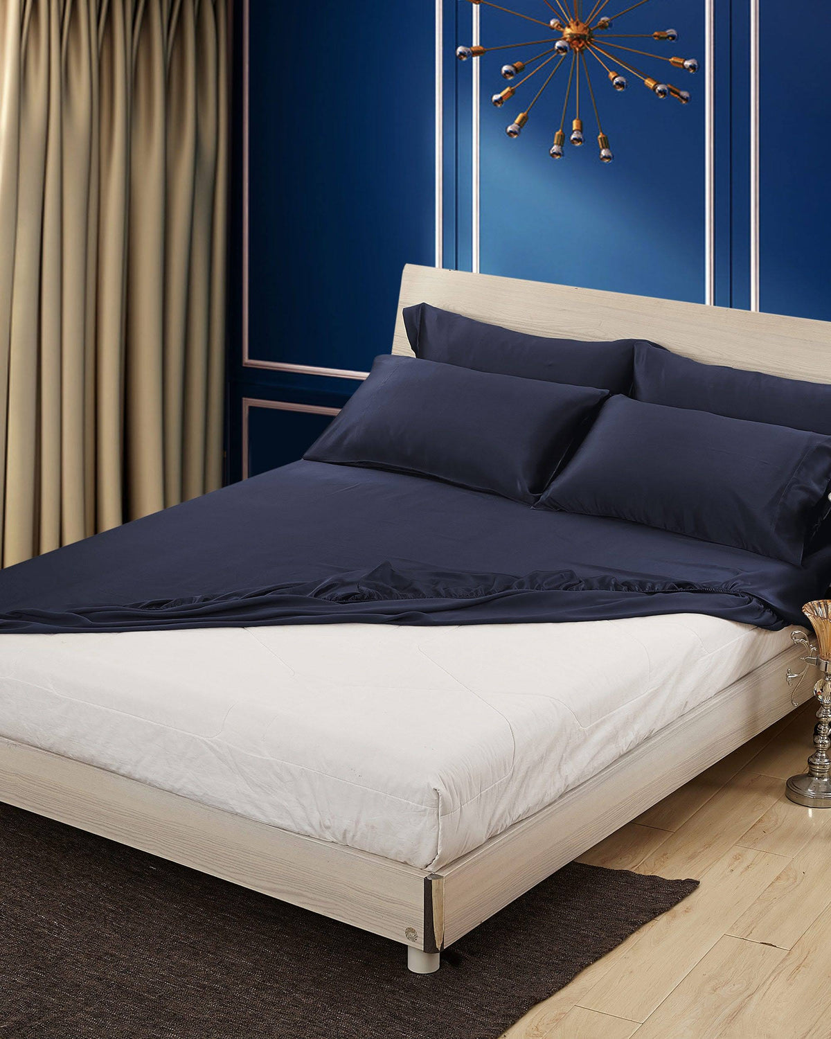 Navy Blue 100% 19 Momme Silk Fitted Sheets King Q877