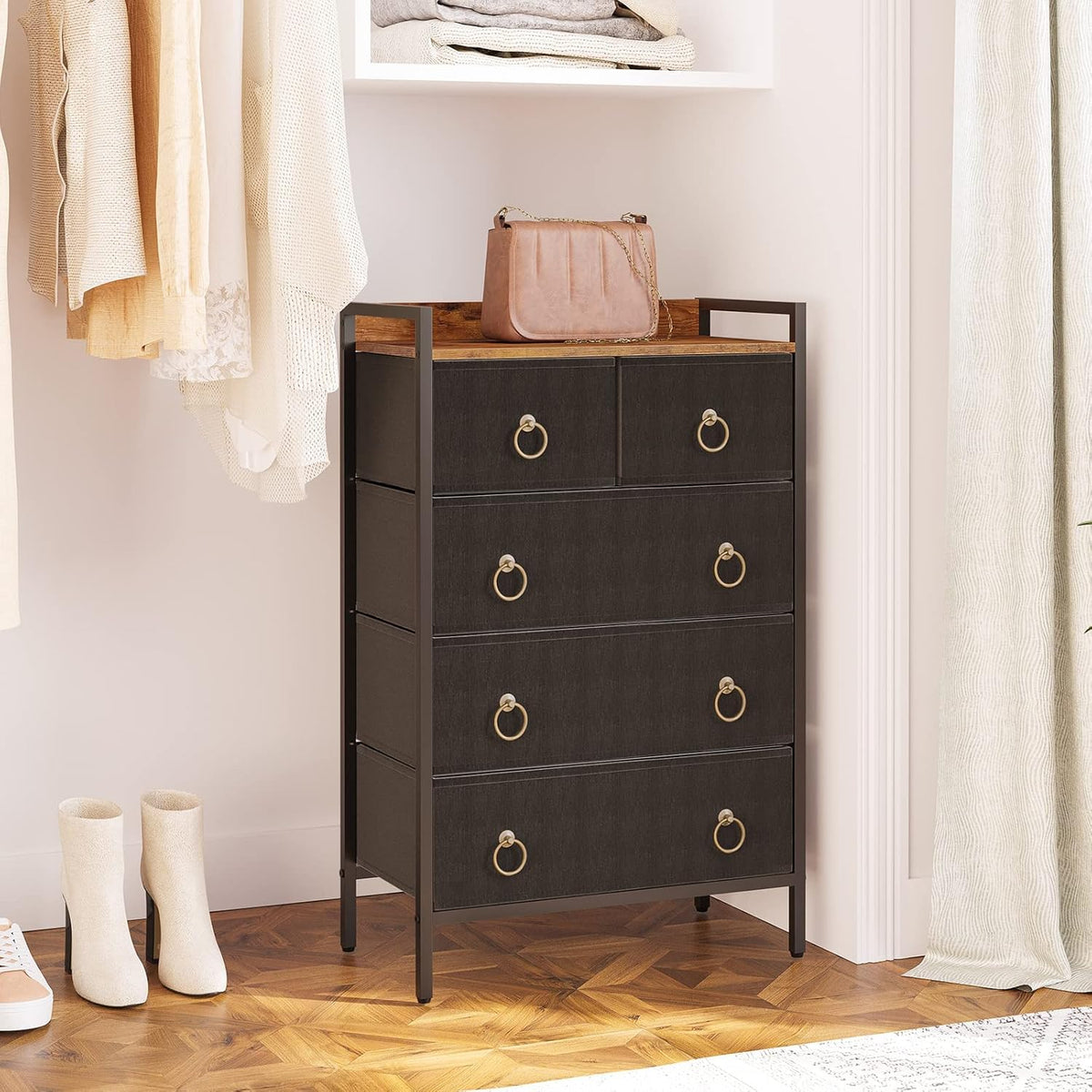 5 Drawer Dresser with Steel Frame and Wood Top R164364