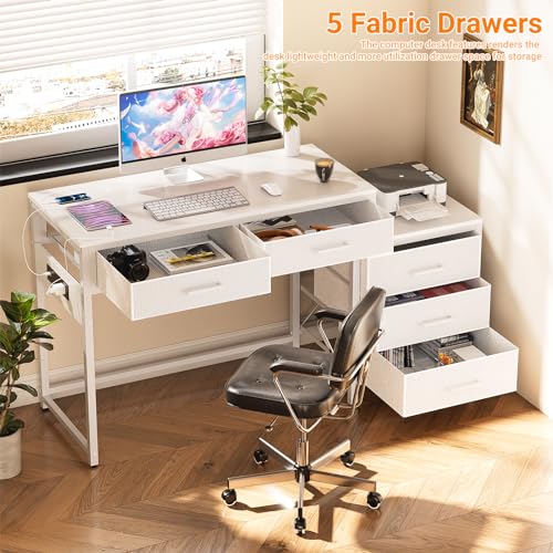 White Reversible Computer Desk with 5 Drawers F214