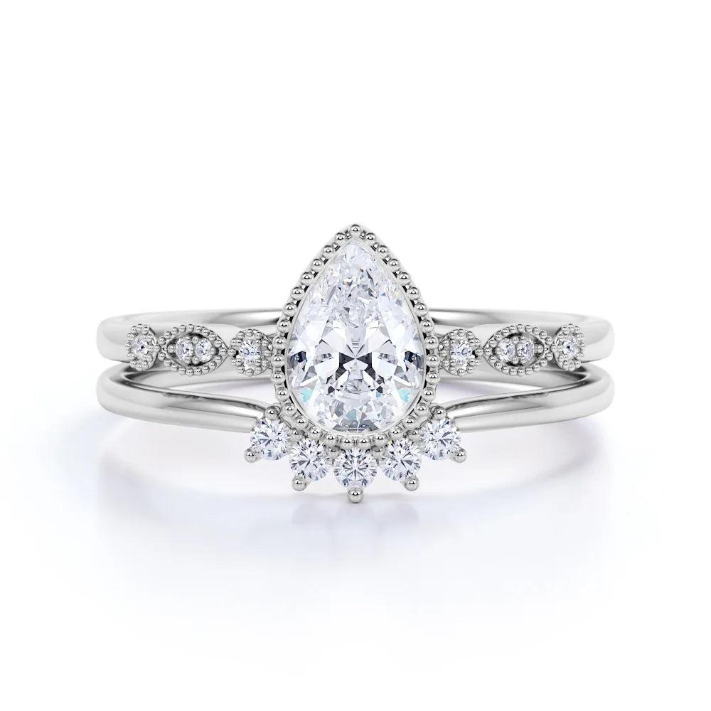 Vintage Pear Shaped Real Diamond Bezel Set Wedding Ring Set in 10k White Gold R26166