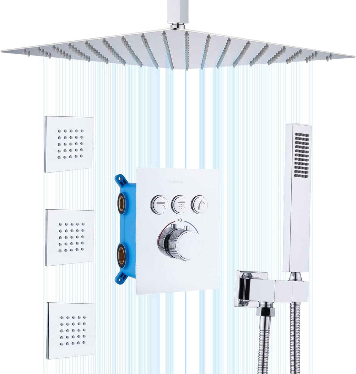 16 Inch Square Rain Showerhead with High Pressure Handheld and 3pcs Brass Full Body Spray Jets, Thermostatic Valve M6677
