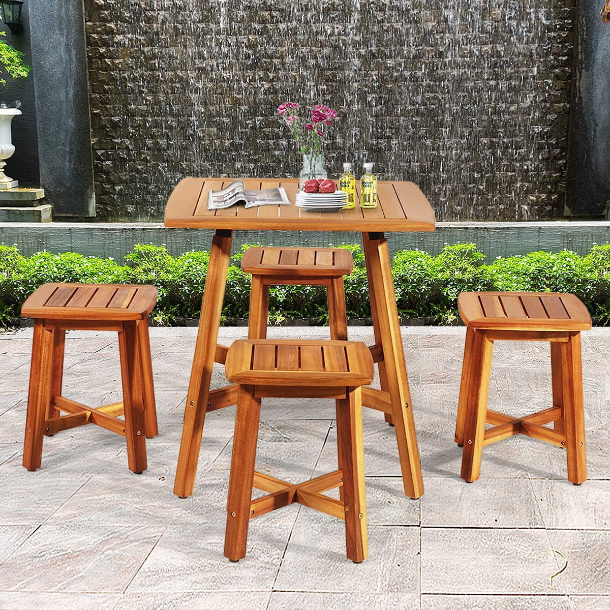 5 Piece Acacia Wood Patio Dining Furniture Set with 4 Stools U808