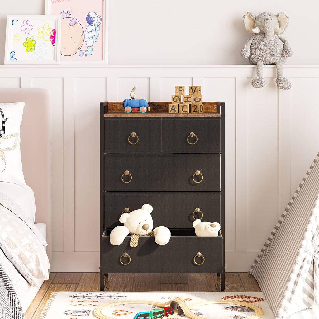 5 Drawer Dresser with Steel Frame and Wood Top R164364