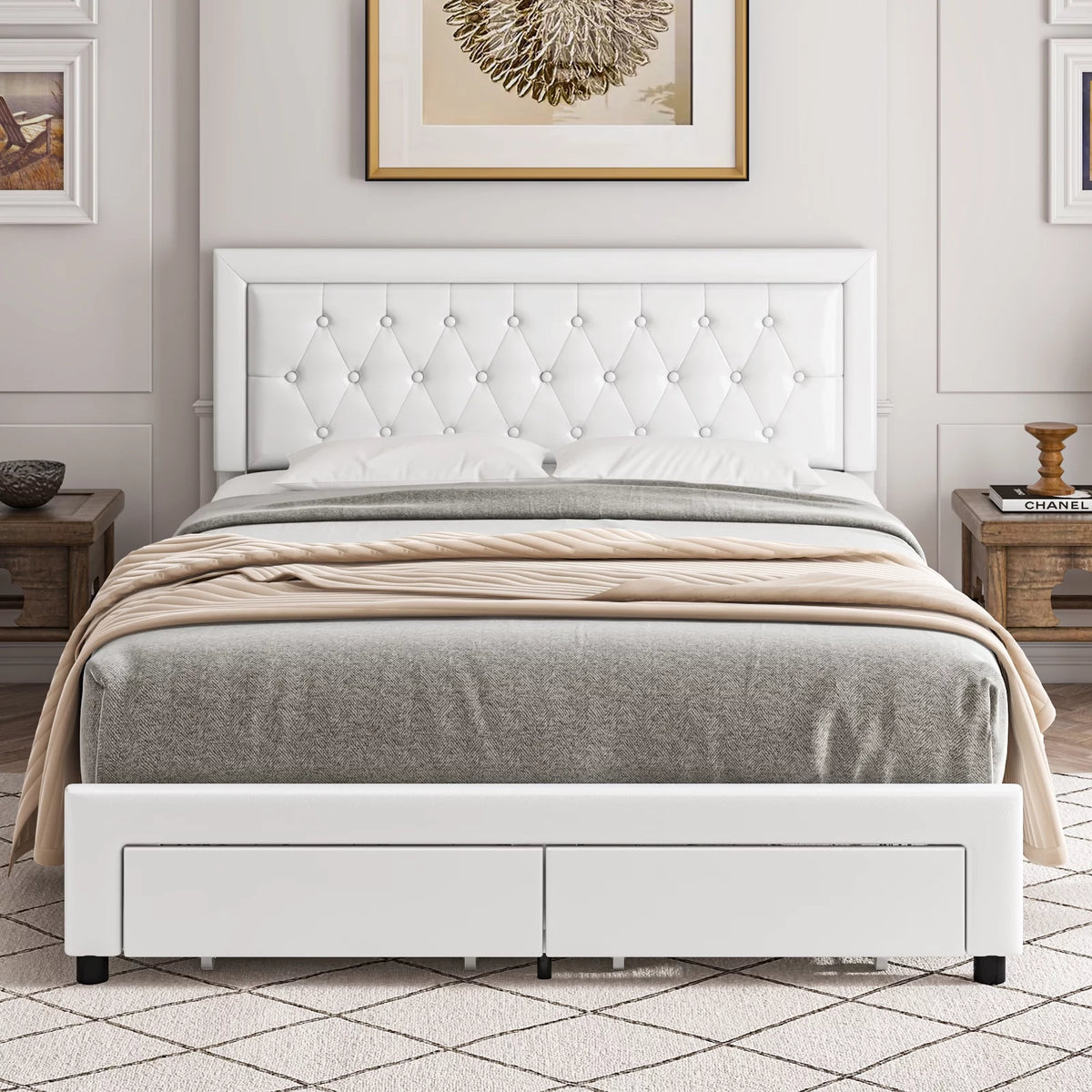 Queen Size Black PU Leather Upholstered Platform Bed Frame R2227