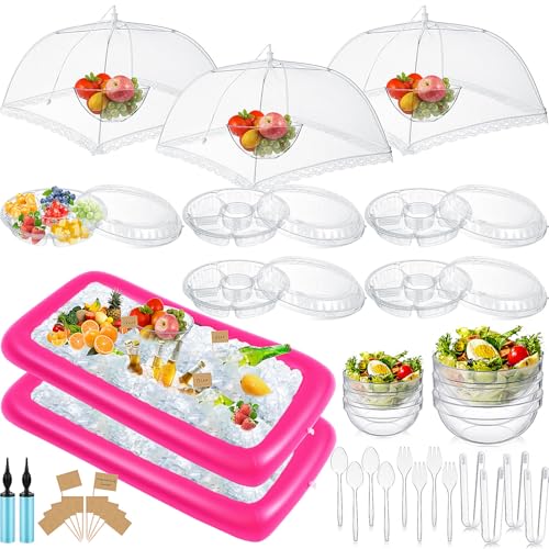 128 Pcs Inflatable Cooler with 2 Serving Bars, Food Cover, Salad Bowl, Utensils, Appetizer Tray, 100 Labels O4836