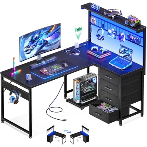 Black L Shaped Gaming Desk with Shelf & 4 Drawers X670008