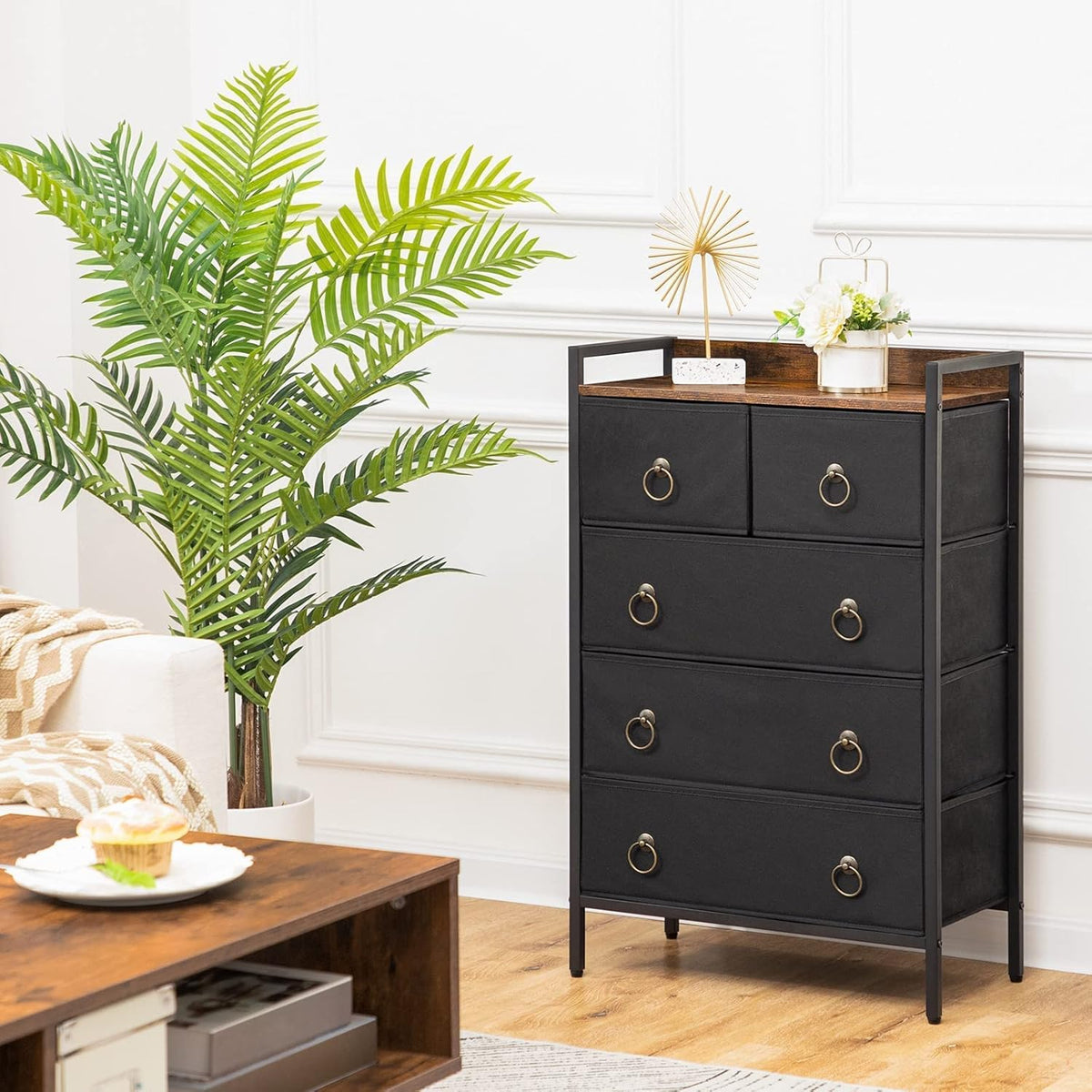 5 Drawer Dresser with Steel Frame and Wood Top R164364