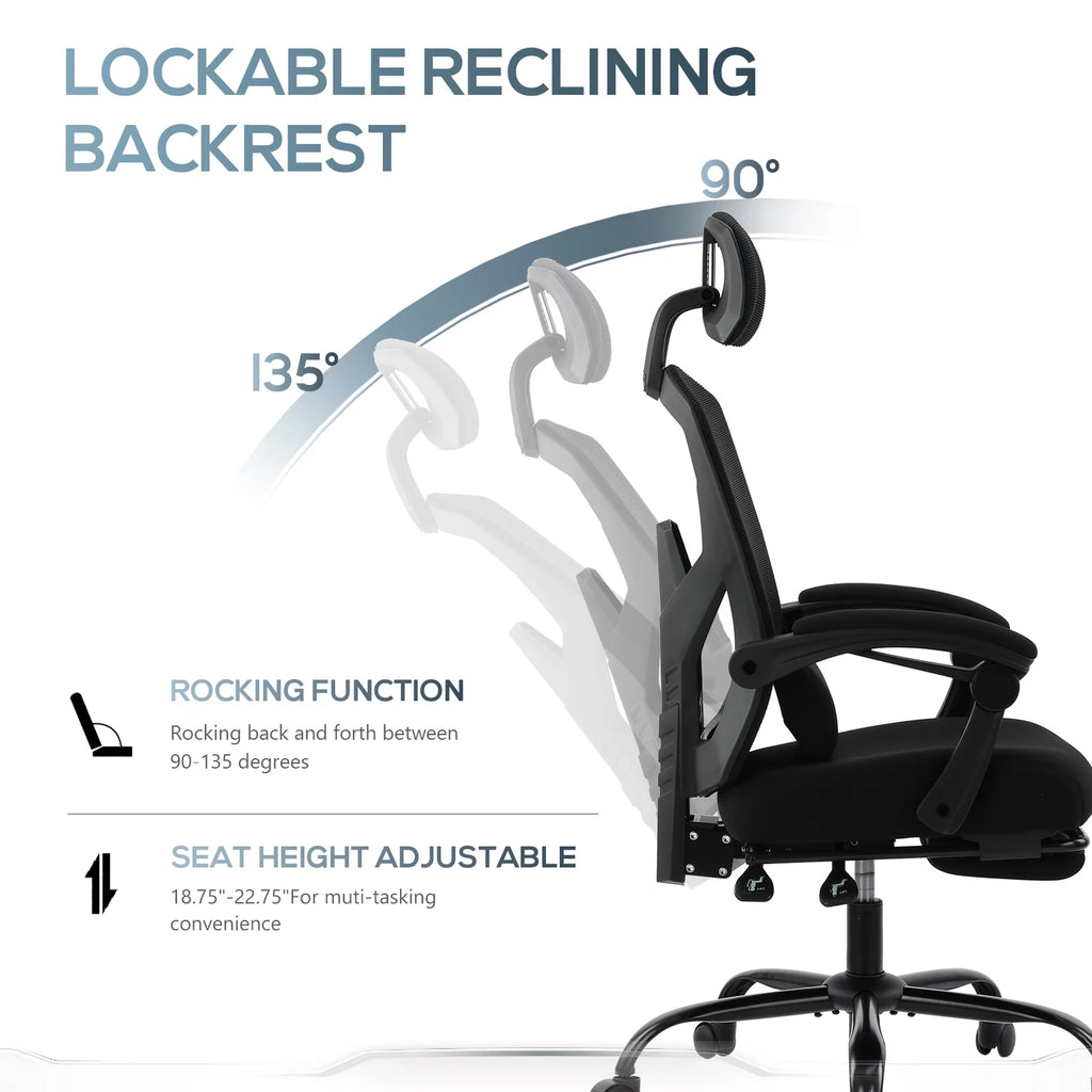 Black Ergonomic Mesh Office Chair with Footrest and Head Support K551403