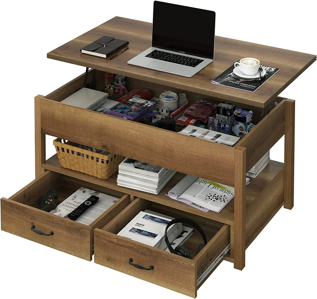 Rustic Brown Wood Lift Top Coffee Table with 2 Storage Drawers Q7825