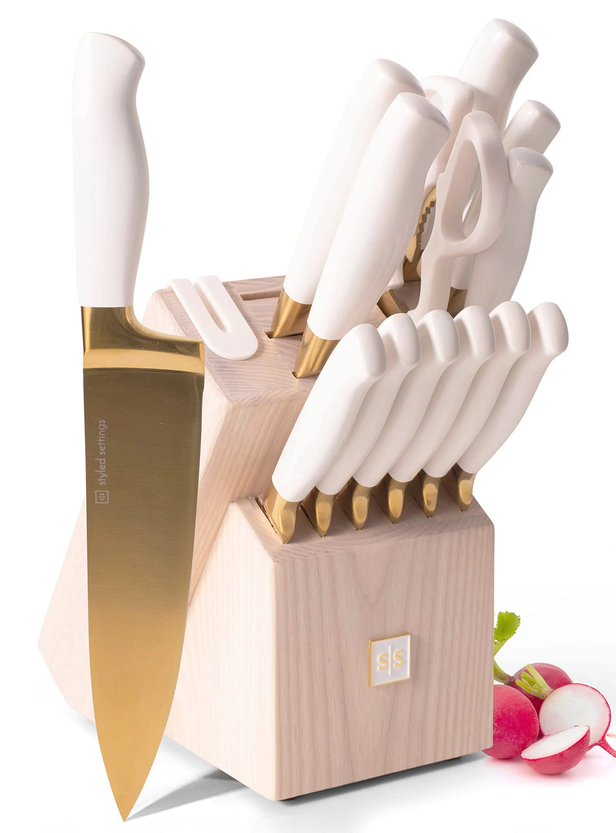 White and Gold 14 Piece Titanium Coated Knife Set with Block R69228