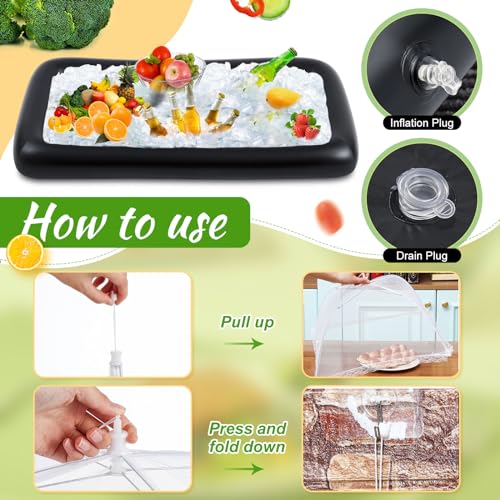 128 Pcs Inflatable Cooler with 2 Serving Bars, Food Cover, Salad Bowl, Utensils, Appetizer Tray, 100 Labels O4836
