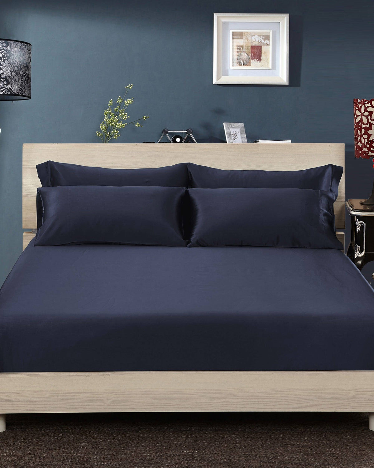 Navy Blue 100% 19 Momme Silk Fitted Sheets King Q877