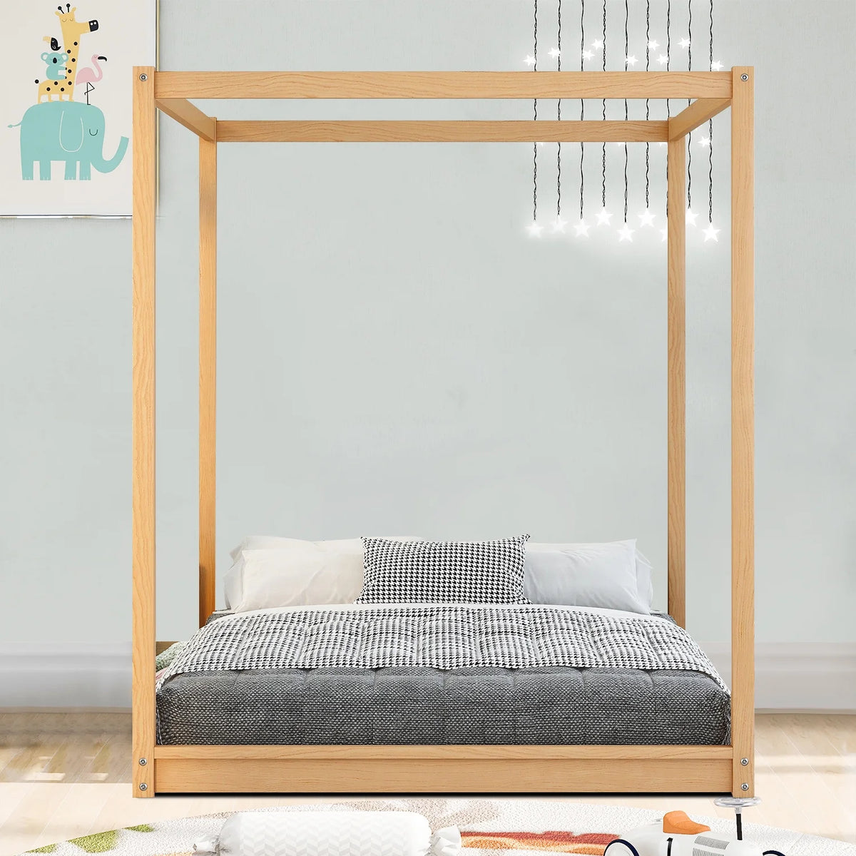 Queen Size Wood Canopy Platform Bed with Support Legs X58629