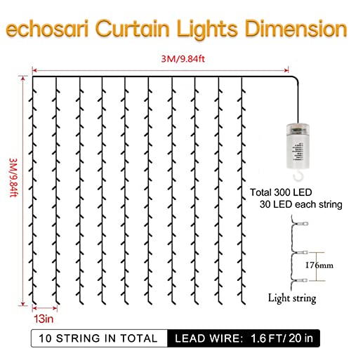 300 LED Battery Operated Curtain Lights with Remote Timer Warm White Y1417