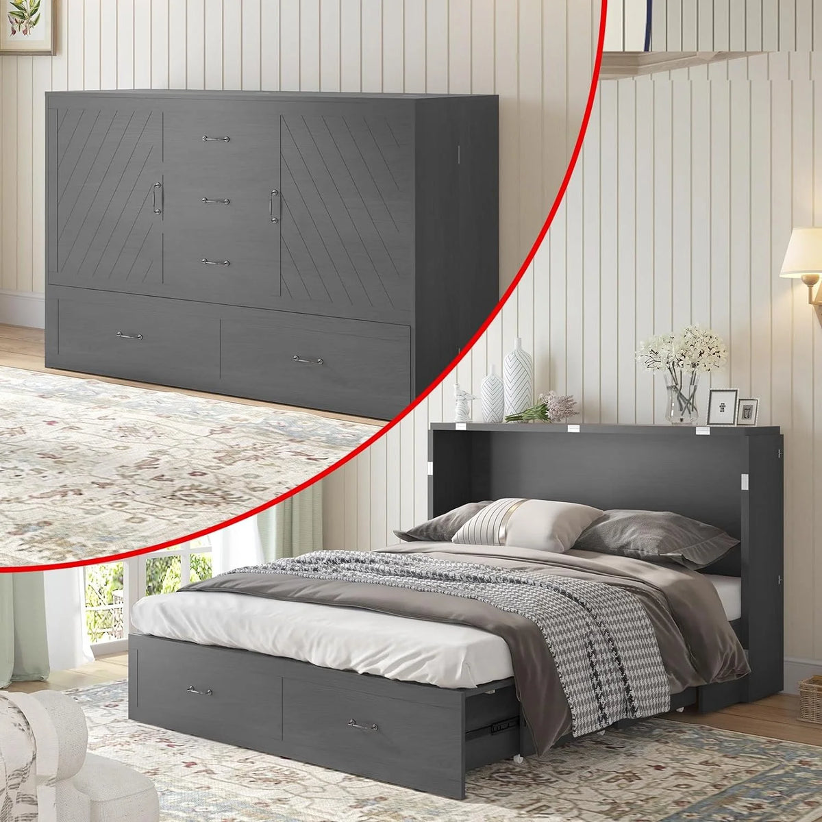 Gray Queen Murphy Bed Cabinet with Storage Drawers F793
